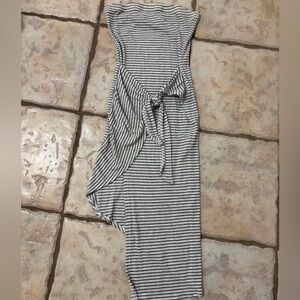 Elegant Asymmetrical Striped Dress bodycon small tie waist stretchy white black